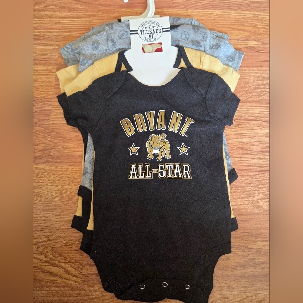 NCAA Bryant University Baby 0-3M, 6-9M Bodysuits 3pc 100% Cotton Bryant Bulldogs